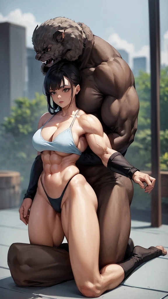 Woman in black bikini and small man in white shirt, weak and small man, thin and small physique, Very beauthful. , ,weak and defenseless man, small physique, , muscular ultraviolent woman, muscular and scary, absurdly huge physique, big muscles, extremely muscular woman, woman stepping on man, small man being stepped on by woman,
