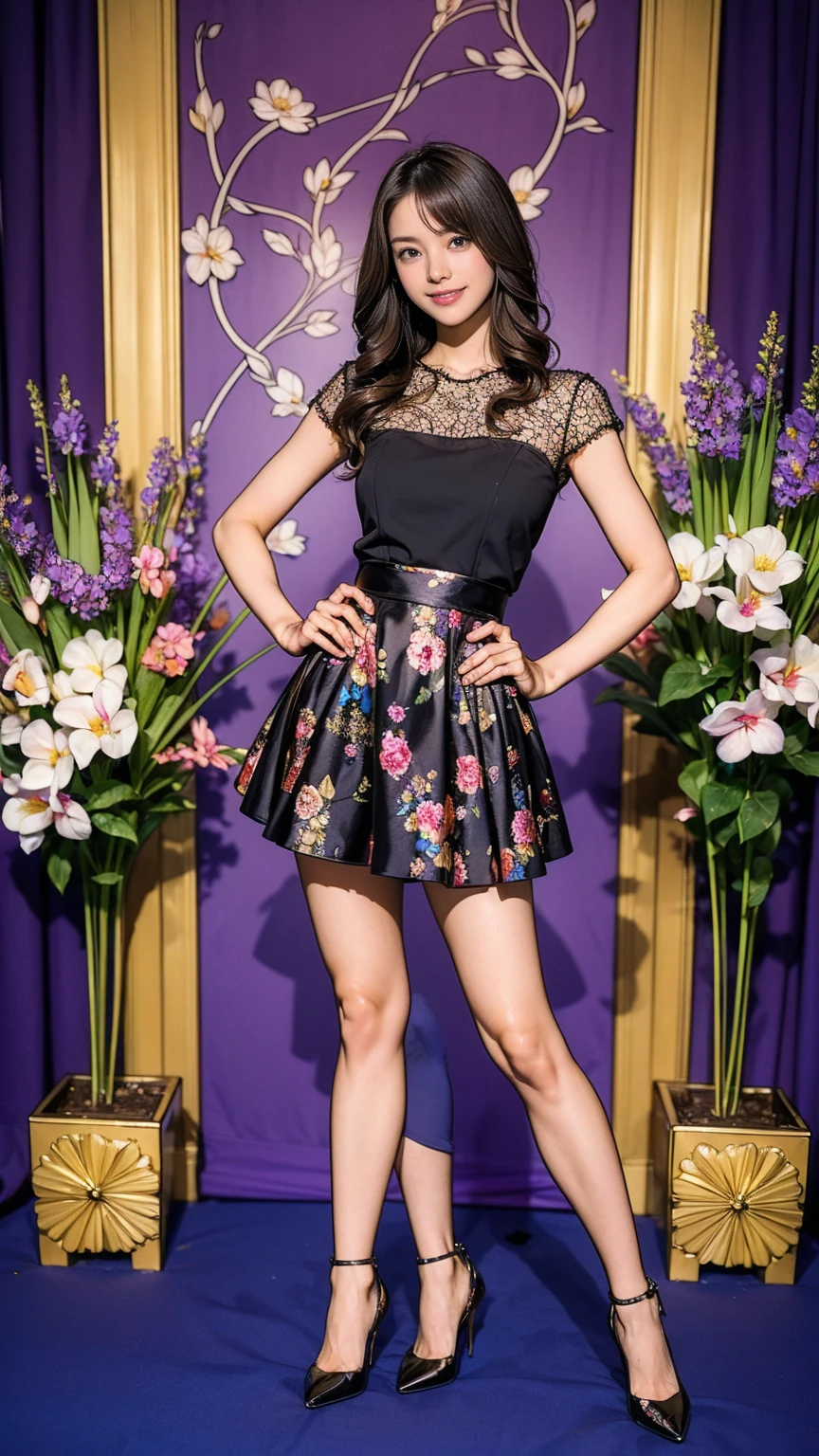 ((masterpiece)),(((Highest quality))),Thin thighs,Long legs,whole body:1.5，(One Girl:1.3),(Black pantyhose and thick pointy heels：1.3),(Wearing a mini mini mini flare skirt dress with floral and ornamental plant patterns:1.2),Short Blonde:1.2、Model pose，high waist:1.5、Standing with legs apart:1.5，Cute pose with hands on hips:1.5，The best smile:1.5，
