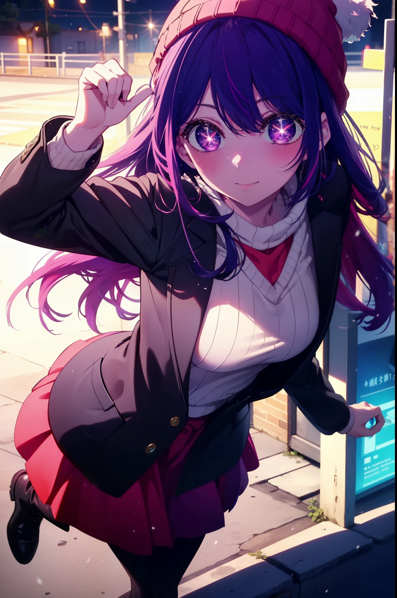 aihoshino, Ai Hoshino, Long Hair, bangs, (Purple eyes:1.1), Purple Hair, (Symbol-shaped pupil:1.5), smile,smile,blush,Open your mouth,Knitted hat,Black-rimmed glasses,Purple long coat,V-neck sweater,Long skirt,Black pantyhose,short boots,Red muffler,It's snowing,Snow is falling,Walking,whole bodyがイラストに入るように, evening,sunset,The sun is setting,
break outdoors, Snow Country,
break looking at viewer, whole body,
break (masterpiece:1.2), Highest quality, High resolution, unity 8k wallpaper, (figure:0.8), (Beautiful attention to detail:1.6), Highly detailed face, Perfect lighting, Highly detailed CG, (Perfect hands, Perfect Anatomy),