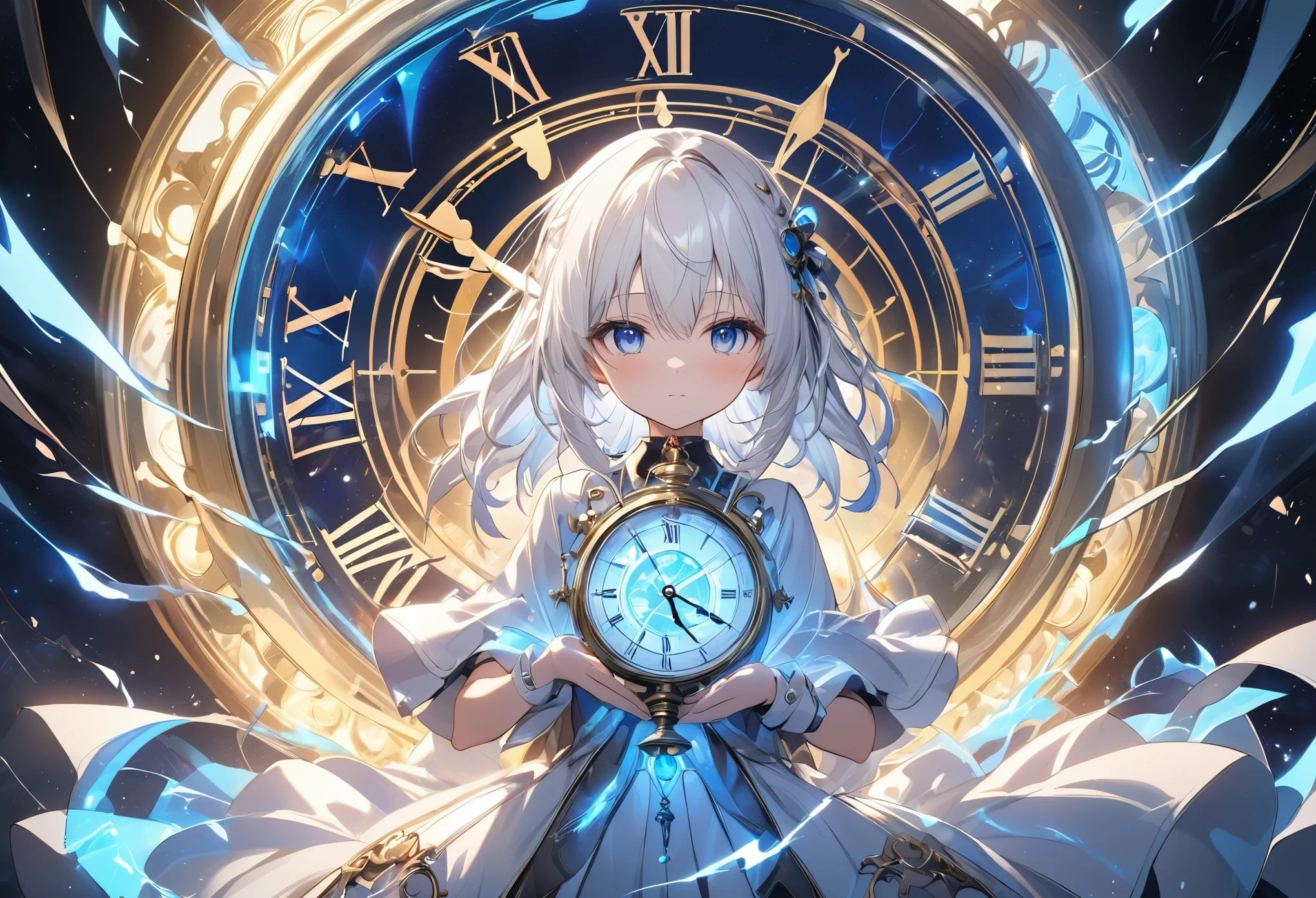 (anime style:1.4),Soft pictorial touches、超High resolution, Attention to detail, high quality, High resolution, 最high quality, 4K, 8K,Blue glowing clock background、White Hair Girl、cute,Beautiful light effect surrounding the body,DonMDj1nnM4g1cXL