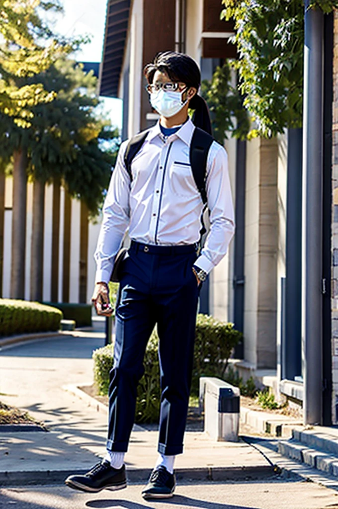 An INCES student from the 21st century WITH A WHITE LONG-SLEEVED SHIRT AND NAVY BLUE PANTS BLACK SCHOOL SHOES WHO IS STANDING AND HOLDING A BOOK UNDER HIS ARM in a landscape with a university atmosphere highlighting his uniform and his features who is facing the front who wears glasses and a low ponytail