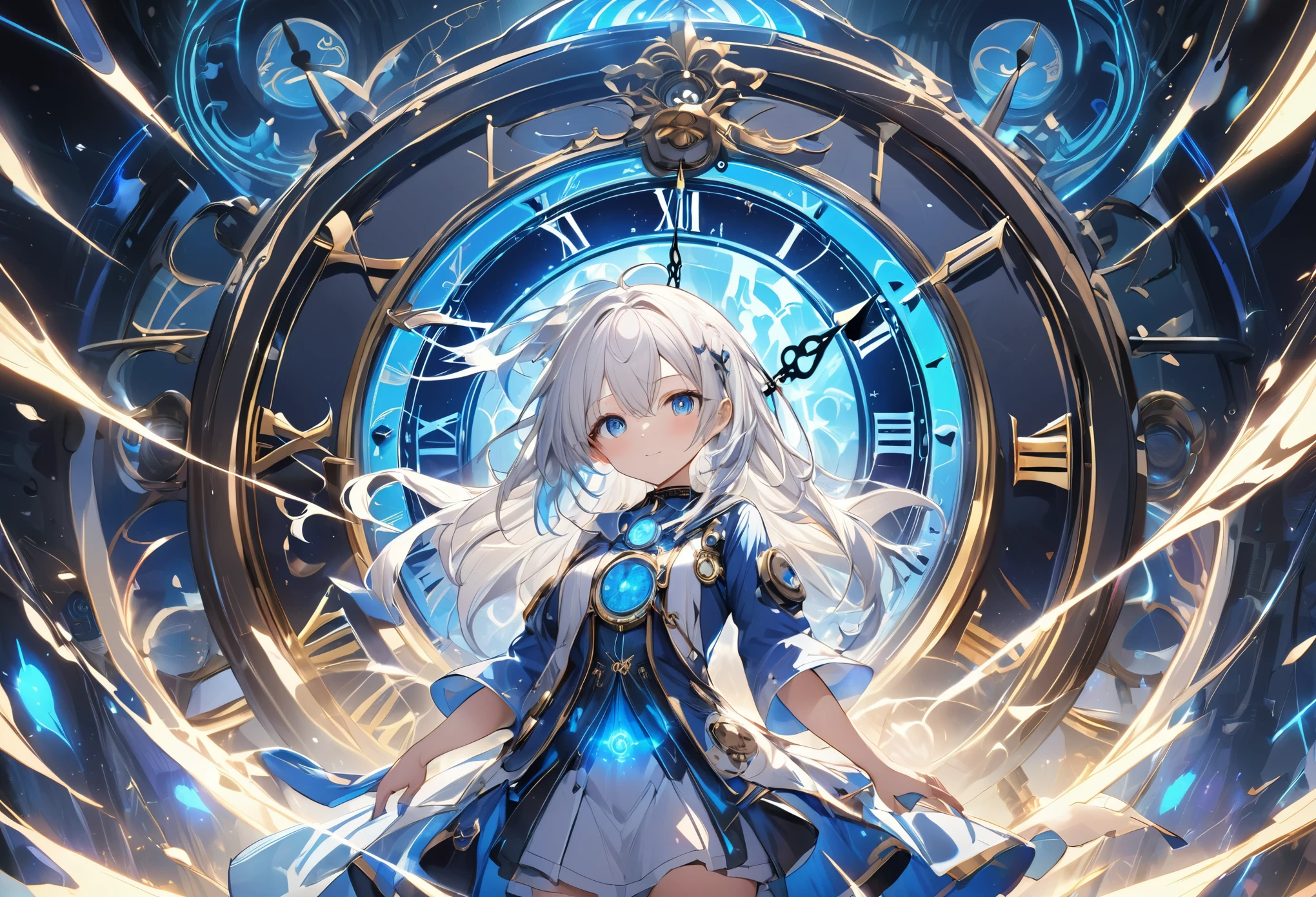 (anime style:1.4),Soft pictorial touches、超High resolution, Attention to detail, high quality, High resolution, 最high quality, 4K, 8K,Blue glowing clock background、White Hair Girl、cute,Beautiful light effect surrounding the body,DonMDj1nnM4g1cXL