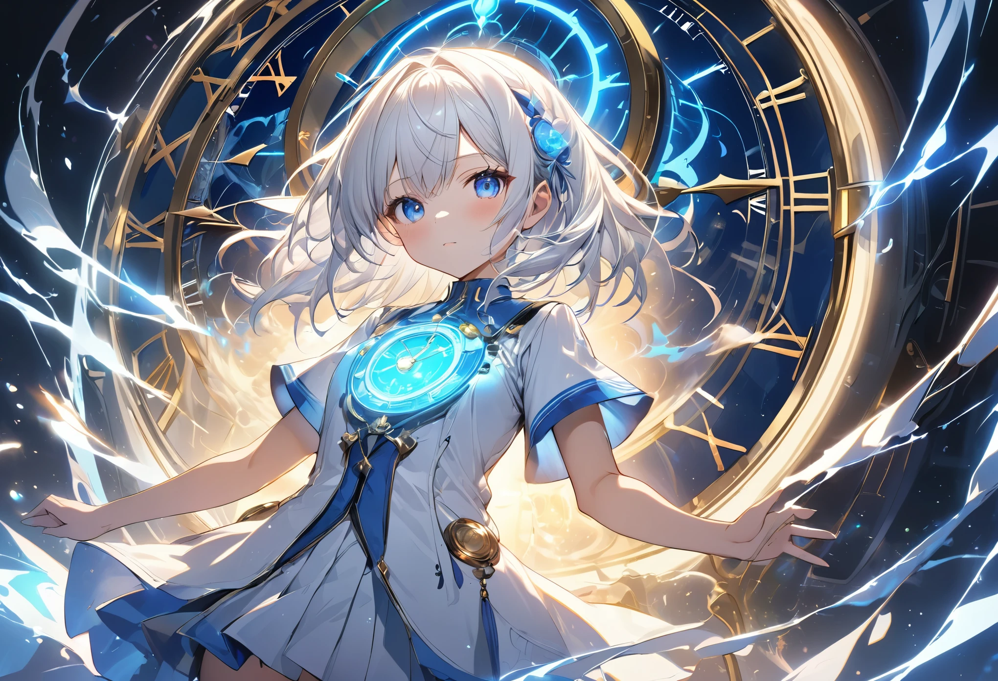 (anime style:1.4),Soft pictorial touches、超High resolution, Attention to detail, high quality, High resolution, 最high quality, 4K, 8K,Blue glowing clock background、White Hair Girl、cute,Beautiful light effect surrounding the body,DonMDj1nnM4g1cXL