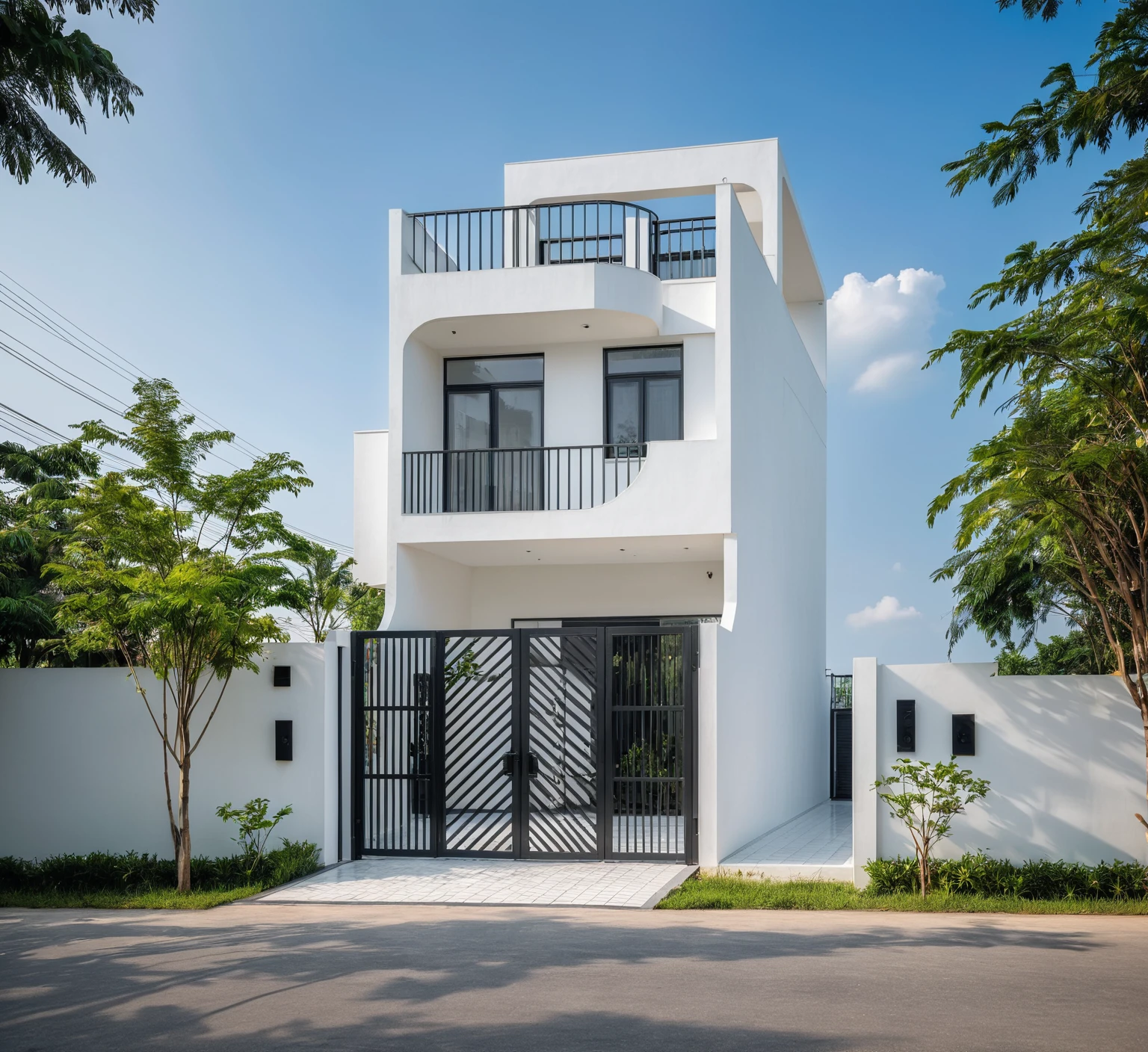 RAW photo , A white minimalism woodandwhite modern house with a double story and simple architecture, surrounded by trees in the yard of Vietnam, featuring a black metal gate and fence, landscape design, natural light, clear sky, blue background, high resolution photography, architectural photography, architectural appearance. The building has square windows made from white ceramic tiles, while the walls feature grid designs, There is also an entrance to another home nearby in the style of architectural photography, road, sidewalk, sidewalk trees, 8k uhd, dslr, soft lighting, high quality, film grain, Fujifilm XT3