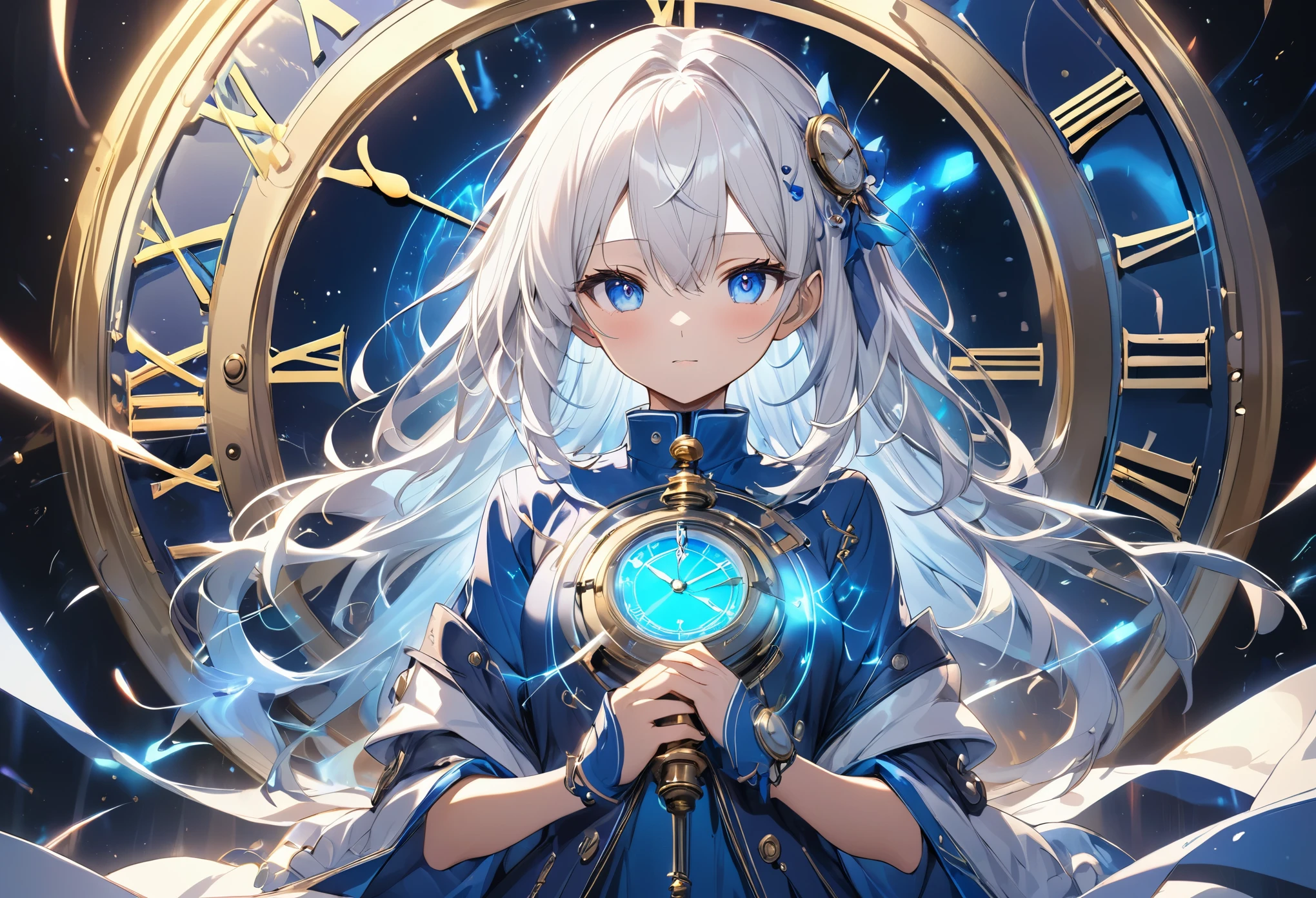 (anime style:1.4),Soft pictorial touches、超High resolution, Attention to detail, high quality, High resolution, 最high quality, 4K, 8K,Blue glowing clock background、White Hair Girl、cute,Beautiful light effect surrounding the body,DonMDj1nnM4g1cXL