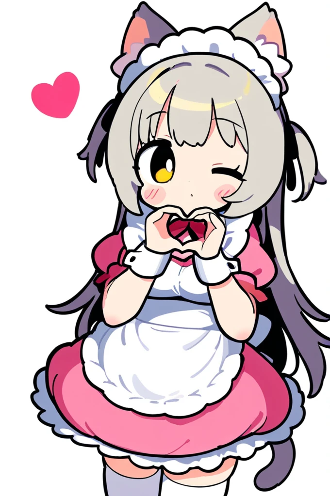 1girl, solo, long hair, breasts, looking at viewer, blush, bangs, simple background, thighhighs, white background, dress, bow, animal ears, very long hair, tail, short sleeves, grey hair, heart, frills, one eye closed, puffy sleeves, cat ears, apron, white thighhighs, two side up, puffy short sleeves, cat tail, animal ear fluff, wrist cuffs, maid, maid headdress, frilled dress, cat girl, pink dress, white apron, frilled apron, heart hands, d, cute_style