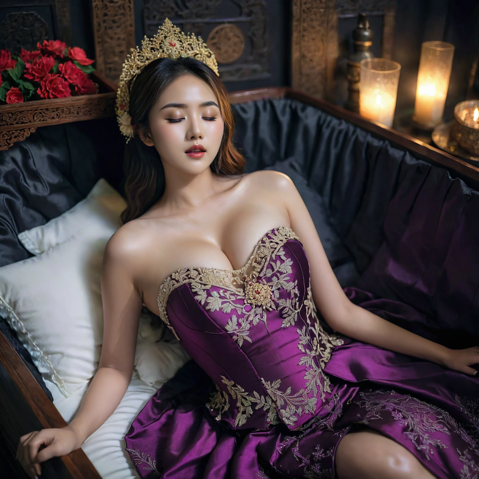 In a striking 8K HDR scene, a stunning Korean woman, 22 years old, lies peacefully in a black coffin surrounded by plush pillows. The deep box is set against a rich black background, accentuating the beauty of the subject. Her exquisite kebaya attire is embroidered with superb detail, showcasing her round and firm breasts, perfect cleavage, and beautiful eyebrows. Her closed eyes and mouth give an air of serenity, while her visible and absolute cleavage leave nothing to imagination. The scene is bathed in saturated colors, highlighting every intricate aspect from the ball skirt to her clean face.