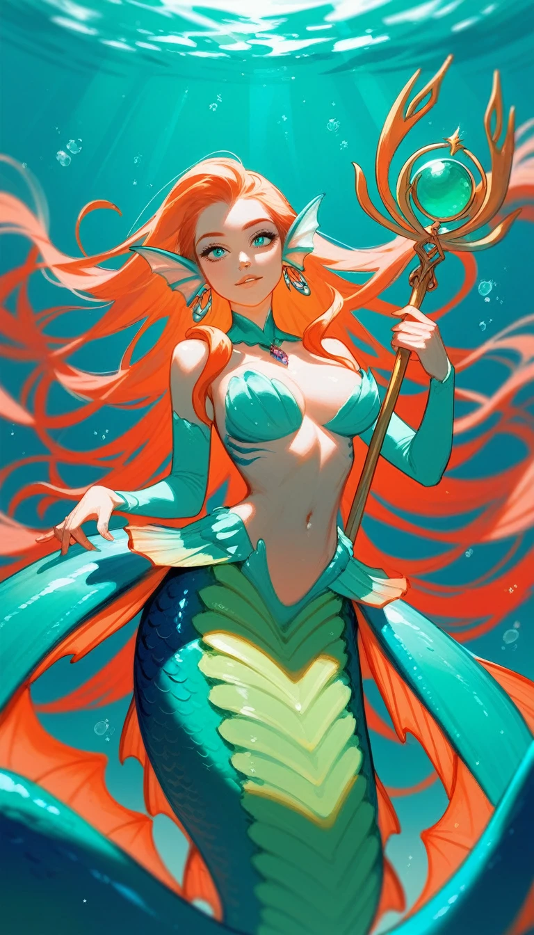 (Fraction_9,Fraction_8_Direction_7_up),1 Woman,（（（bust）））, A beautiful woman，krakens，Hair is octopus tentacles，Mermaid，美Mermaid，的美Mermaid， Green Man with Tail，The ears are fins，Holding a trident，With colorful scales，