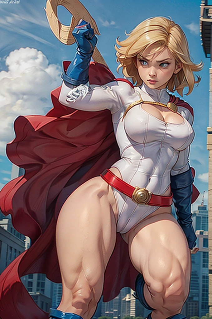 fighting PowerGirl, (cameltoe:1.3), solo, blonde_hair, white leotard, red belt, solo, blue boots, best quality, masterpiece, beautiful, anatomically correct, perfect anatomy.