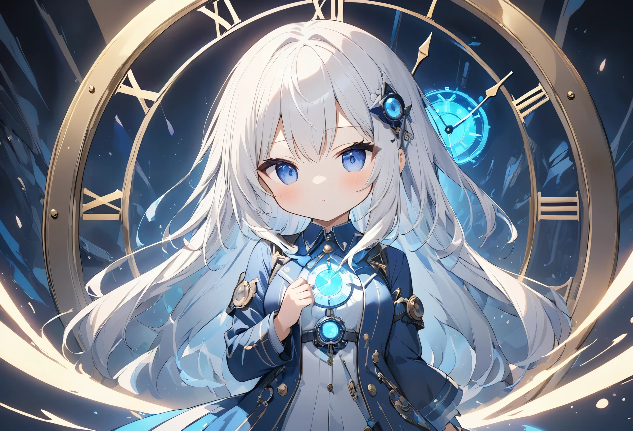 (anime style:1.4),Soft pictorial touches、超High resolution, Attention to detail, high quality, High resolution, 最high quality, 4K, 8K,Blue glowing clock background、White Hair Girl、cute,Beautiful light effect surrounding the body,DonMDj1nnM4g1cXL