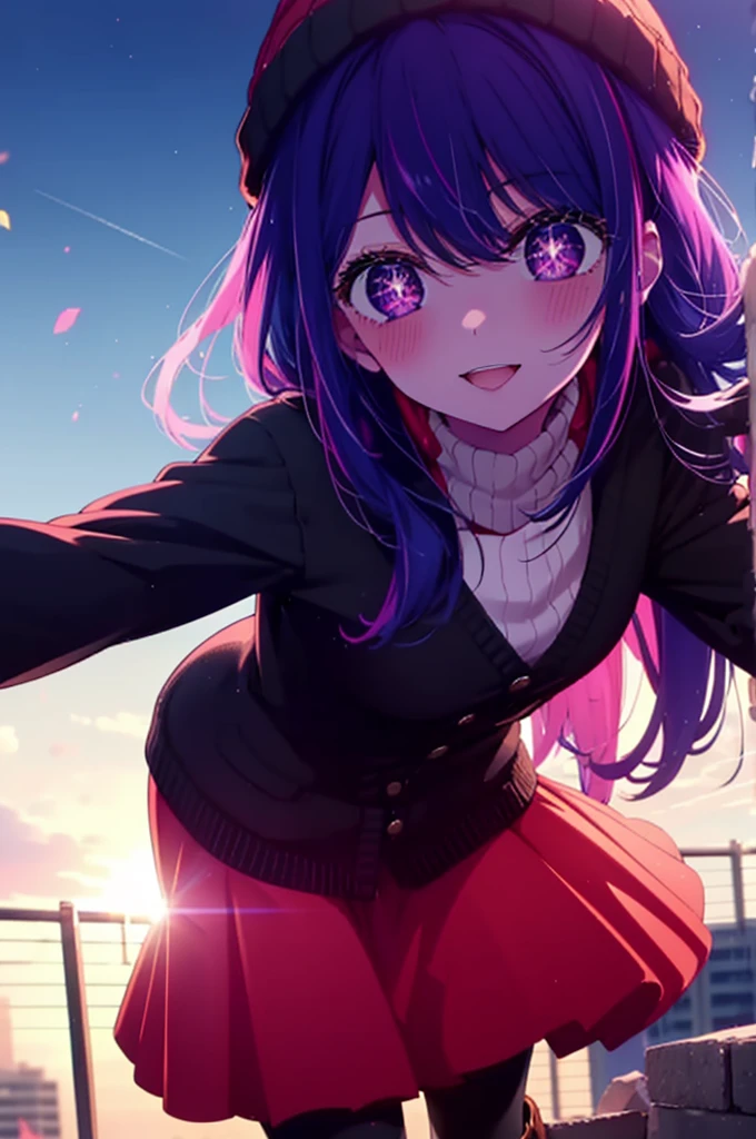 aihoshino, Ai Hoshino, Long Hair, bangs, (Purple eyes:1.1), Purple Hair, (Symbol-shaped pupil:1.5), smile,smile,blush,Open your mouth,Knitted hat,Black-rimmed glasses,Purple long coat,V-neck sweater,Long skirt,Black pantyhose,short boots,Red muffler,It&#39;s snowing,Snow is falling,Walking,whole bodyがイラストに入るように, evening,sunset,The sun is setting,
break outdoors, Building district,
break looking at viewer, whole body,
break (masterpiece:1.2), Highest quality, High resolution, unity 8k wallpaper, (figure:0.8), (Beautiful attention to detail:1.6), Highly detailed face, Perfect lighting, Highly detailed CG, (Perfect hands, Perfect Anatomy),