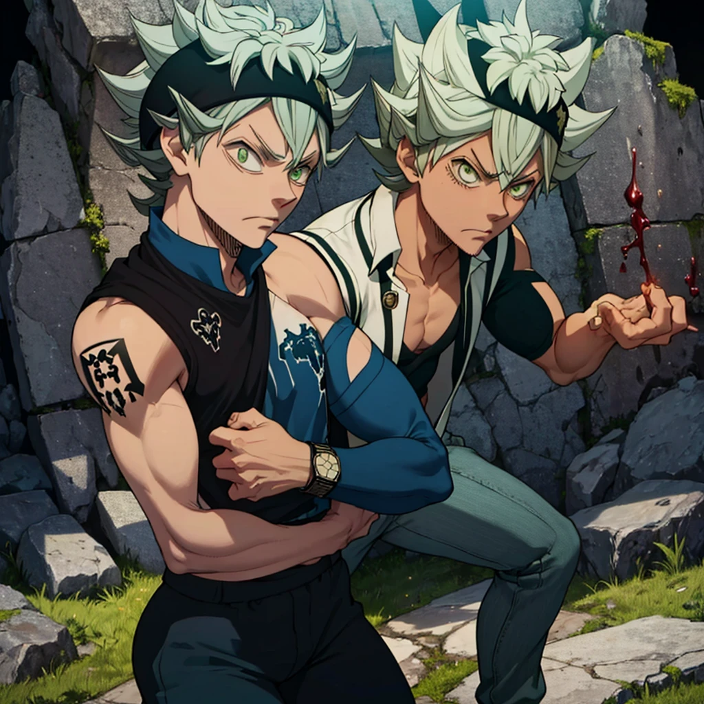 A 19 year old boy, To stay (black clover), spiky hair, messy hair, hair between the eyes, for white, green eyes, black headband, thin arms, upset expression, Un chaleco blue suit with stripes, Una camisa de vestir celeste con las mangas remangadas hTo stay los codos.., Pants matching the vest...., blue suit with stripes, He wears a watch on his left wrist...., many tattoos on the forearms, elegant and casual clothing, epic hike, blood on more hands, alone, black background
