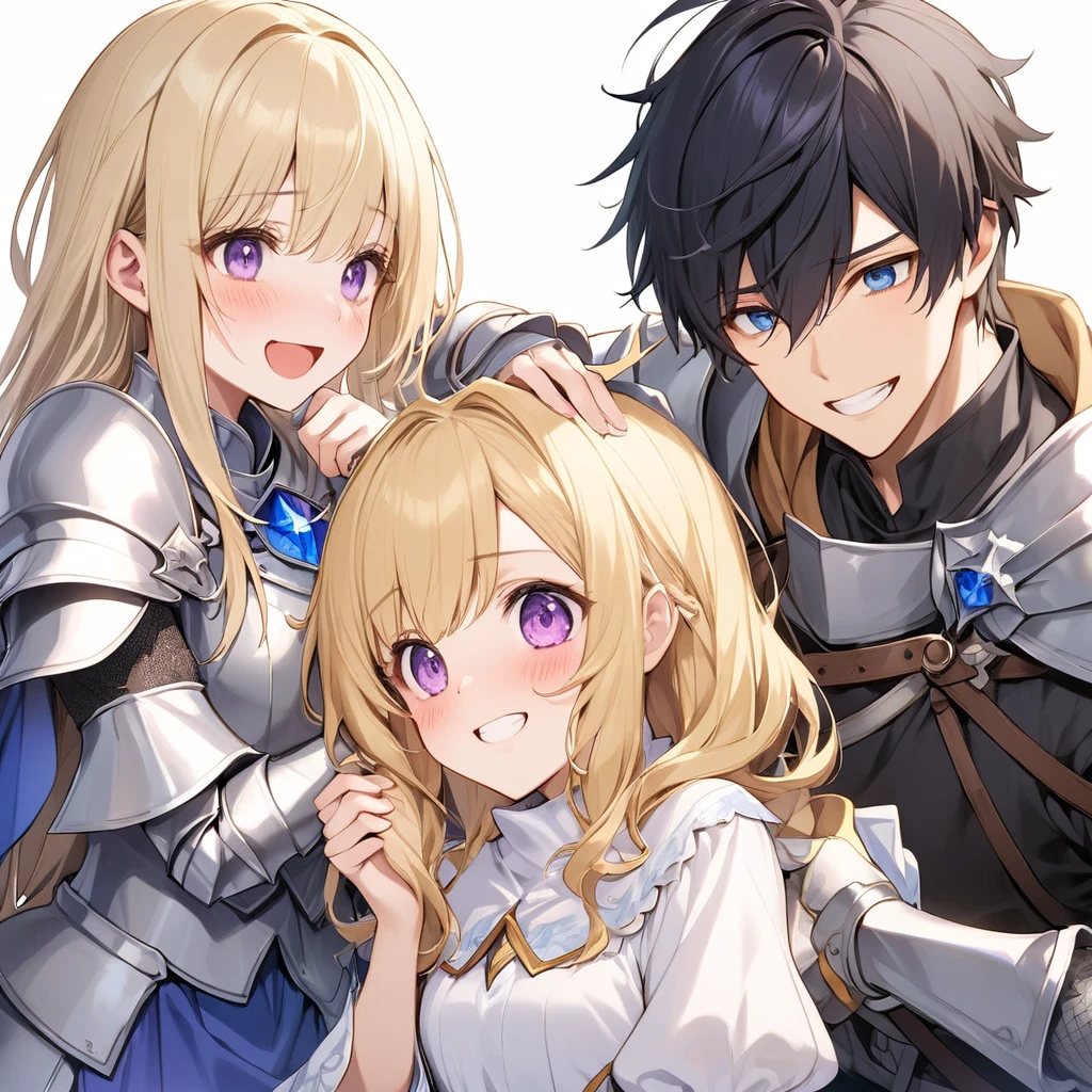 Two people、15age、Boy and Girl、Blond hair, blue eyed boy、A girl with short black hair and purple eyes、Beautiful knight boy、A delicate and beautiful wizard girl、A boy covering his mouth with the back of his hand in embarrassment、A girl smiling at a boy