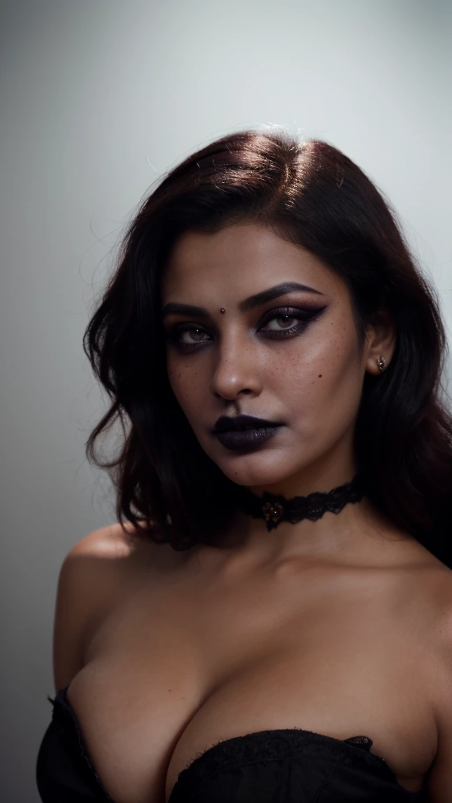 (High resolution) Indian face with pink baby lips adorable face and a mole on upper lips. Innocent skinny girl. Gothic dark look with black lipstick.