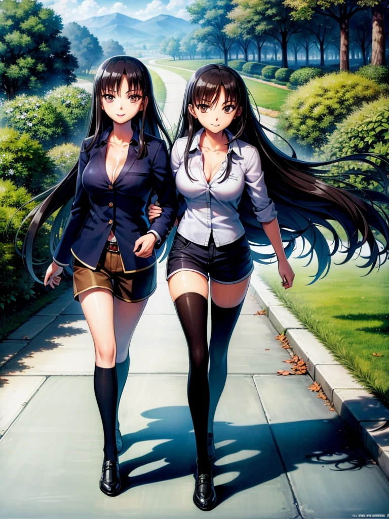 (8K, Highest quality, Highest quality, masterpiece), standing, 1girl, fullbody, solo, cowboy shot, aasuzune, long hair, black hair, hair loose in the wind, leafs in the air, (summer sky), casual shirt, mini top, black thighhighs, smile, Shorts, outdoors, large breasts, cleavage