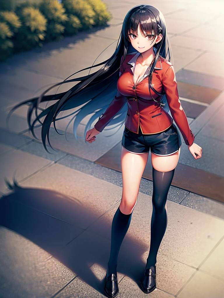 (8K, Highest quality, Highest quality, masterpiece), standing, 1girl, fullbody, solo, cowboy shot, aasuzune, long hair, black hair, hair loose in the wind, leafs in the air, (summer sky), casual shirt, mini top, black thighhighs, smile, Shorts, outdoors, large breasts, cleavage