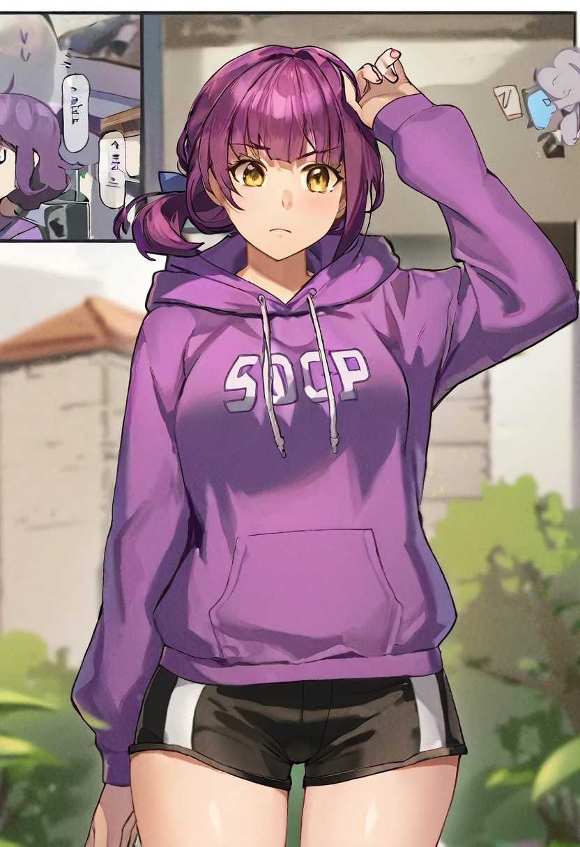 score_9, score_8_up, score_7_up, score_6_up, score_5_up, score_4_up, BREAK source_anime,rating_risky, a girl, thin, pale skin, skinny, tired expression, low ponytail, purple hair, yellow eyes, eye bags, tired expression, purple hoodie,, black shorts, tight clothing, bold comic style, city background, purple clothes with black highlights