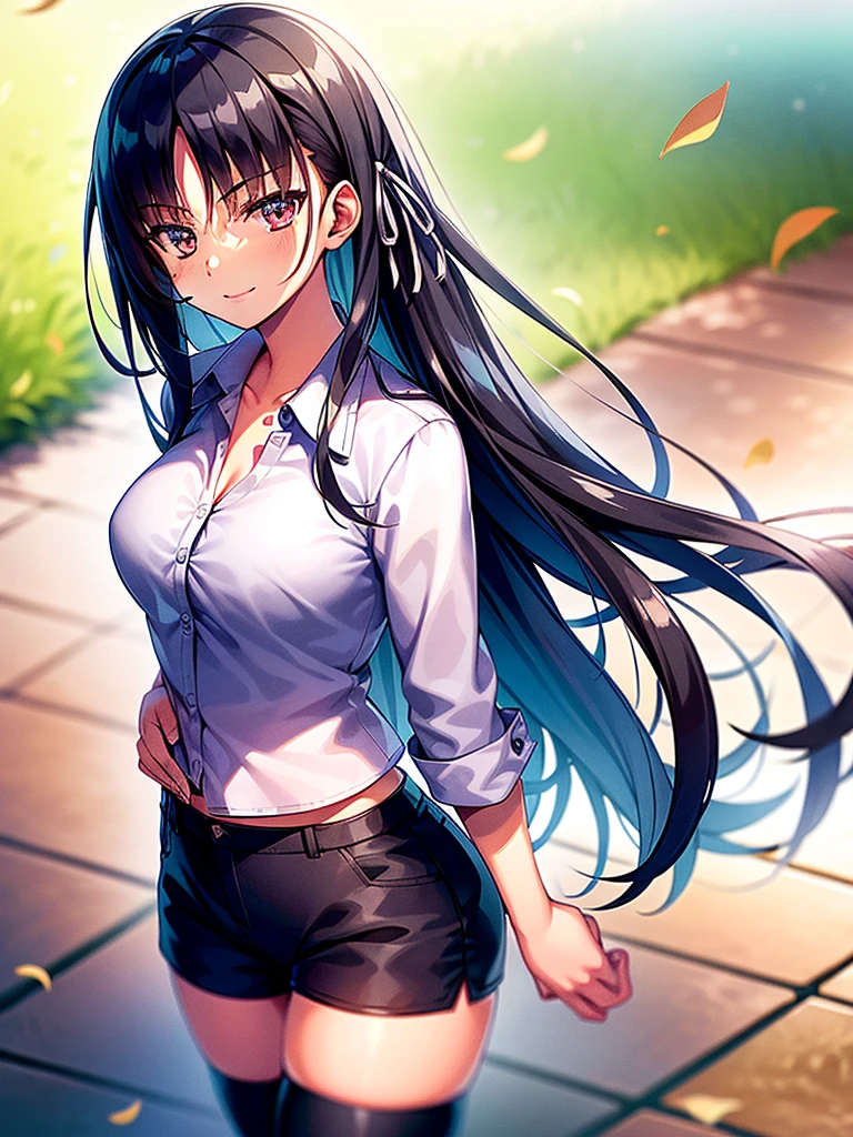 (8K, Highest quality, Highest quality, masterpiece), standing, 1girl, fullbody, solo, cowboy shot, aasuzune, long hair, black hair, hair loose in the wind, leafs in the air, (summer sky), casual shirt, mini top, black thighhighs, smile, Shorts, outdoors, large breasts, cleavage