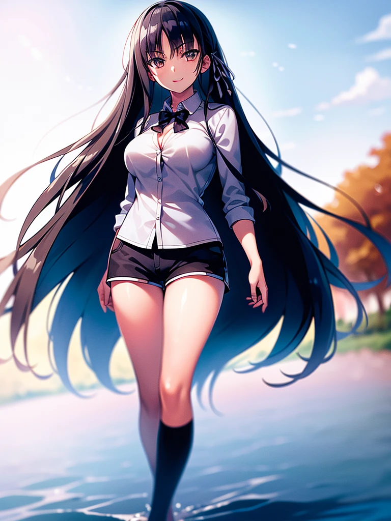 (8K, Highest quality, Highest quality, masterpiece), standing, 1girl, fullbody, solo, cowboy shot, aasuzune, long hair, black hair, hair loose in the wind, leafs in the air, (summer sky), casual shirt, mini top, black thighhighs, smile, Shorts, outdoors, large breasts, cleavage