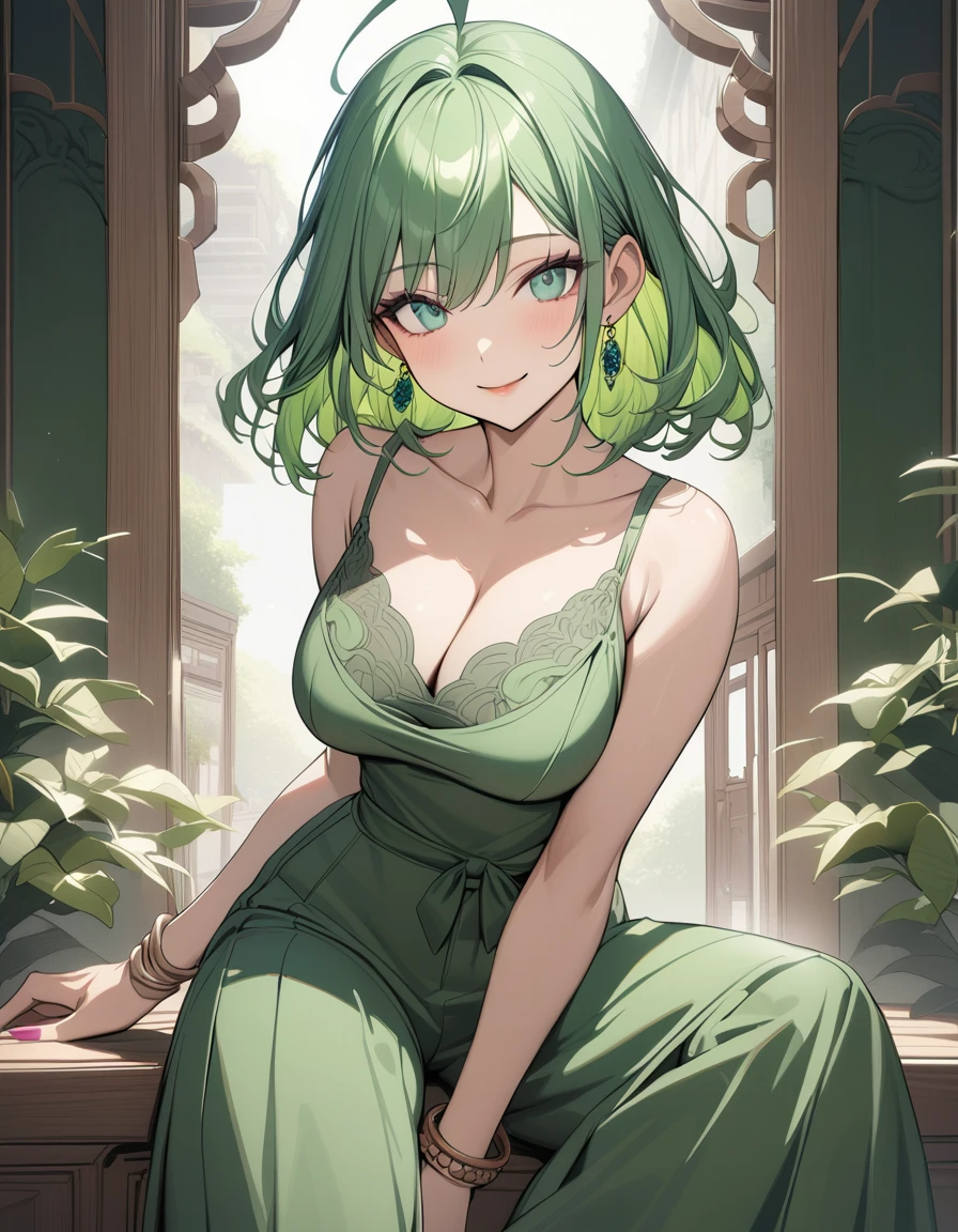 (Highest quality:1.2, three-dimensional, High Detail, masterpiece:1.2, Best aesthetics), (1 girl), Beautiful woman, Beautiful detailed eyes, Beautiful detailed lips, Highly detailed face, Delicate depiction of hair and eyes, Detailed Fashion, (detailed background:1.2) ((Portraiture, Cowboy Shot)), Aqua Eye, huge ahoge, Mouth open, Earrings, View your viewers, big breasts, upper body, full body from knees to head, gaze away, gaze into the distance, smile lightly, fancy nails, bracelet, medium hair, green color inner hair, green hair, tight camisole, wide pants