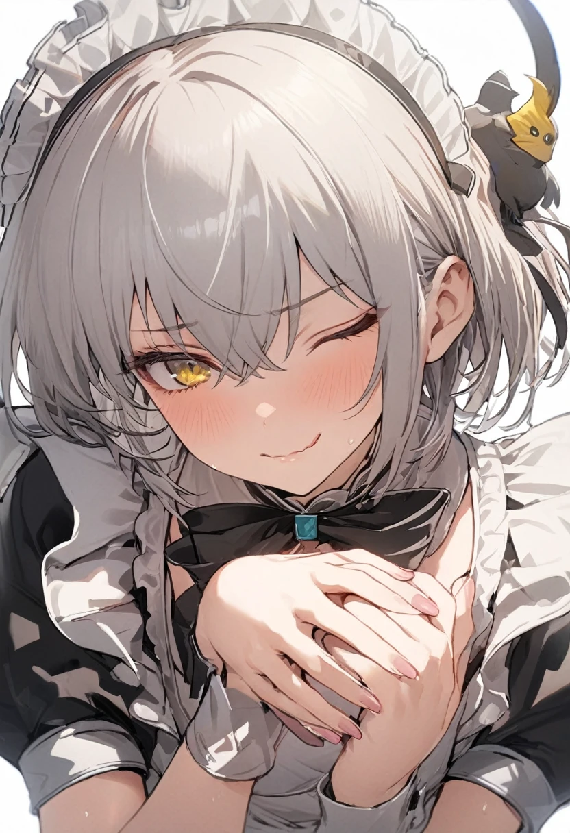 1 Girl,Maid clothes,Gray Hair,short hair,Beautiful Hands,Highest quality,masterpiece,Beautiful composition、Yellow Eyes、Severe、Eyes closed。