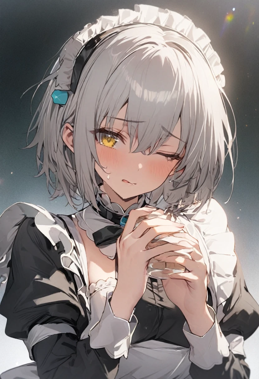1 Girl,Maid clothes,Gray Hair,short hair,Beautiful Hands,Highest quality,masterpiece,Beautiful composition、Yellow Eyes、Severe、Eyes closed。