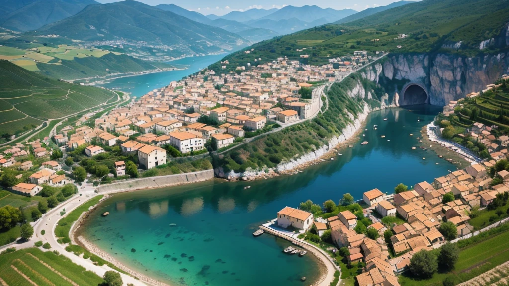 Beautiful scenery of ancient Italian village. Aerial view. Photorealistic photos, High definition. 8K