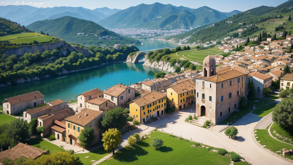 Beautiful scenery of ancient Italian village. Aerial view. Photorealistic photos, High definition. 8K