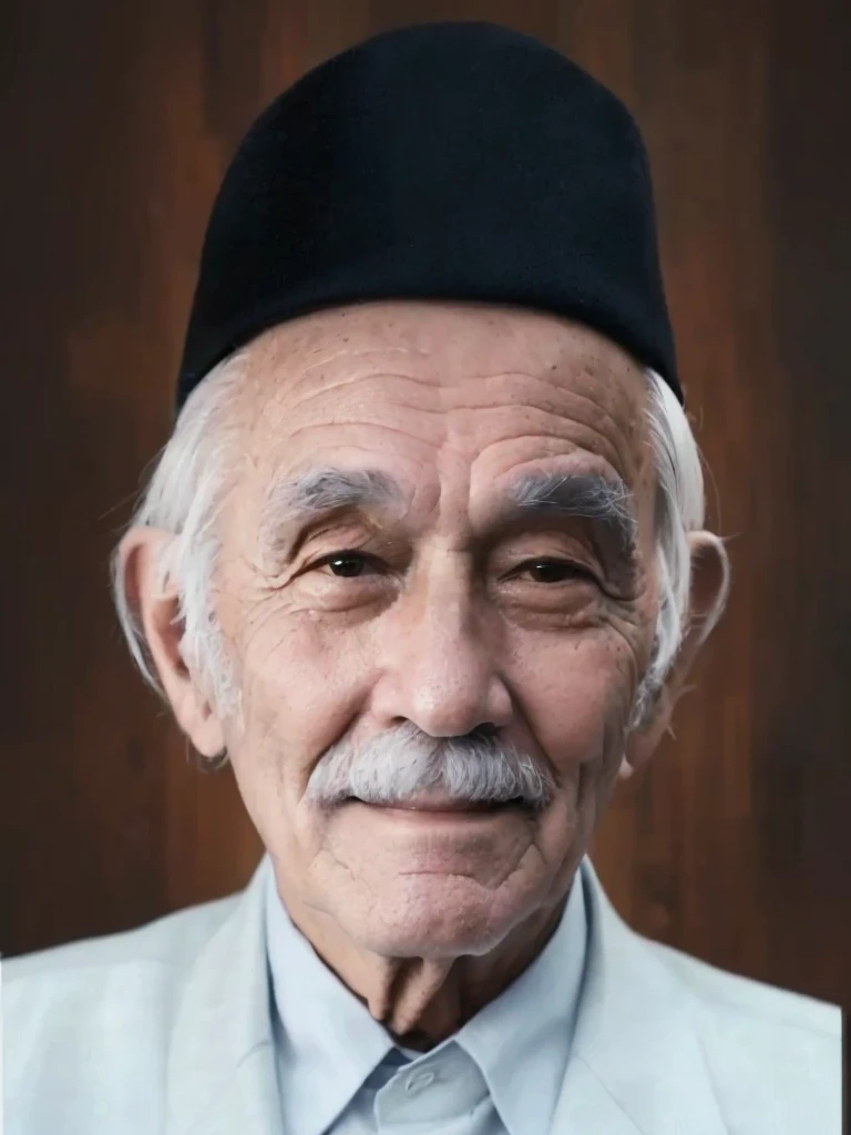 portrait of an old man with gray hair, wearing a black cap and suit