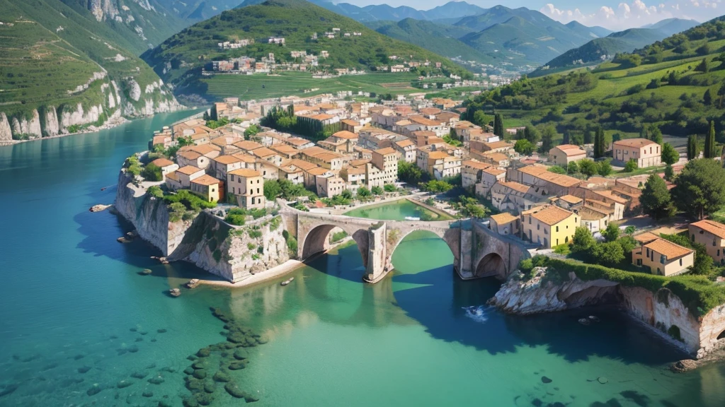 Beautiful scenery of ancient Italian village. Aerial view. Photorealistic photos, High definition. 8K