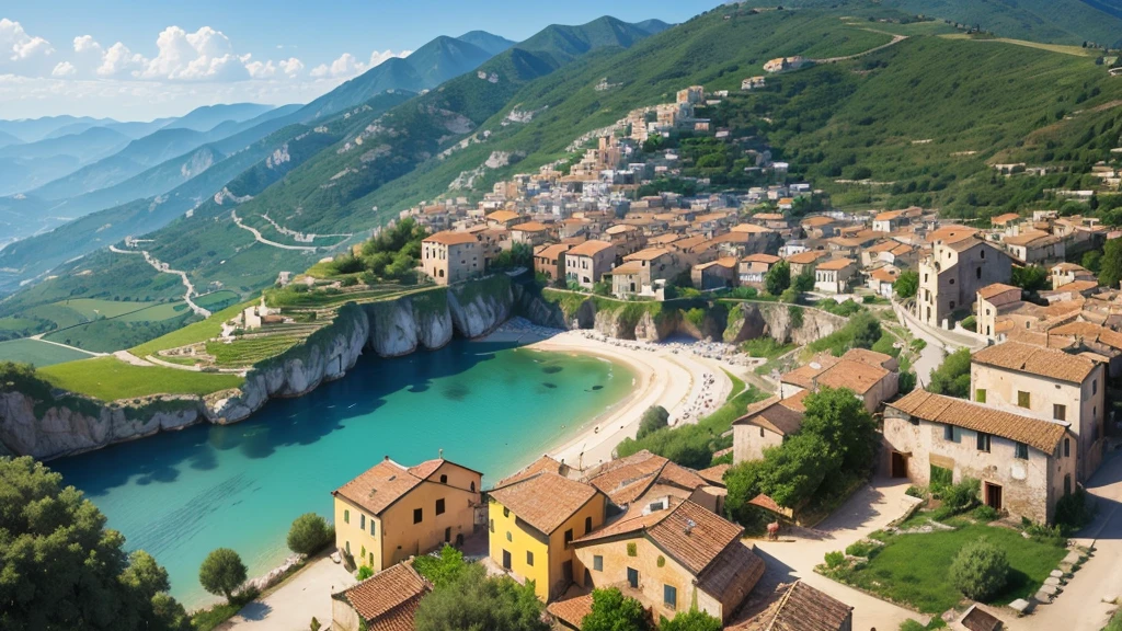 Beautiful scenery of ancient Italian village. Aerial view. Photorealistic photos, High definition. 8K