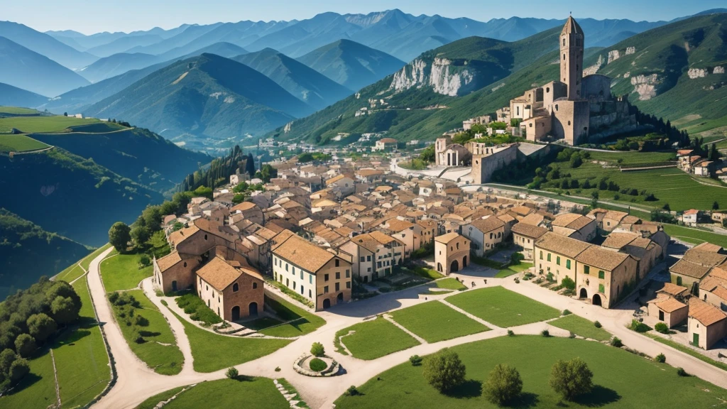 Beautiful scenery of ancient Italian village. Aerial view. Photorealistic photos, High definition. 8K