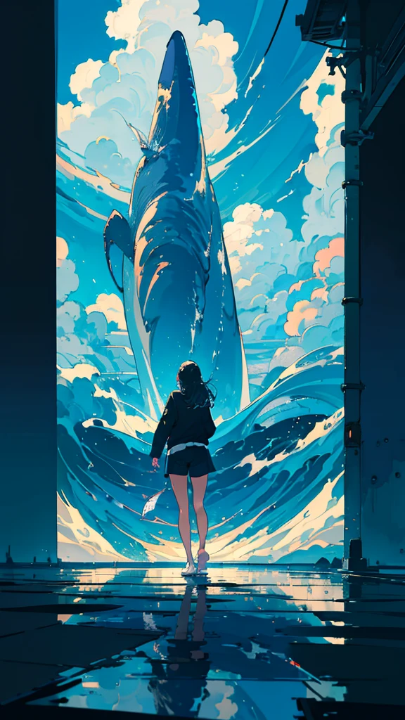 masterpiece, Exquisite detail,Highest quality, One girl, alone, handrail, cloud, Looking up at the buildings,Long Hair, zero, Long sleeve, Power lines, White footwear, Black Hair, View your viewers, Electric pole, bangs, cloudy zero, fish, bird, Green Eyes, Shorts, Day, Black Shirt, barefoot,Whale flying in the sky,Giant whale,night,Star,milky way,night,Pitch black,Buildings,Sitting, High quality anime art style,Standing painting,Splash ink background,Blue Themes,Clear Face,Distinct facial features