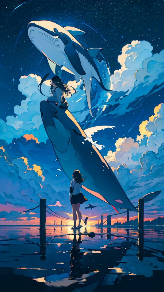 masterpiece, Exquisite detail,Highest quality, One girl, alone, handrail, cloud, Looking up at the buildings,Long Hair, zero, Long sleeve, Power lines, White footwear, Black Hair, View your viewers, Electric pole, bangs, cloudy zero, fish, bird, Green Eyes, Shorts, Day, Black Shirt, barefoot,Whale flying in the sky,Giant whale,night,Star,milky way,night,Pitch black,Buildings,Sitting, High quality anime art style,Standing painting,Splash ink background,Blue Themes,Clear Face,Distinct facial features