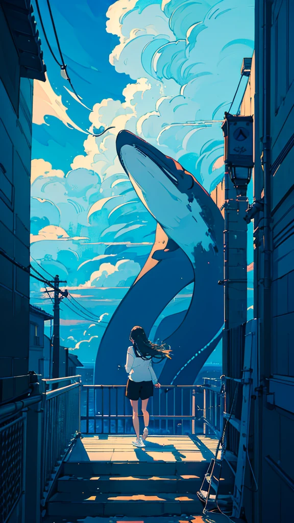 masterpiece, Exquisite detail,Highest quality, One girl, alone, handrail, cloud, Looking up at the buildings,Long Hair, zero, Long sleeve, Power lines, White footwear, Black Hair, View your viewers, Electric pole, bangs, cloudy zero, fish, bird, Green Eyes, Shorts, Day, Black Shirt, barefoot,Whale flying in the sky,Giant whale,night,Star,milky way,night,Pitch black,Buildings,Sitting, High quality anime art style，Standing painting，Splash ink background，Blue Themes,Clear Face,Distinct facial features