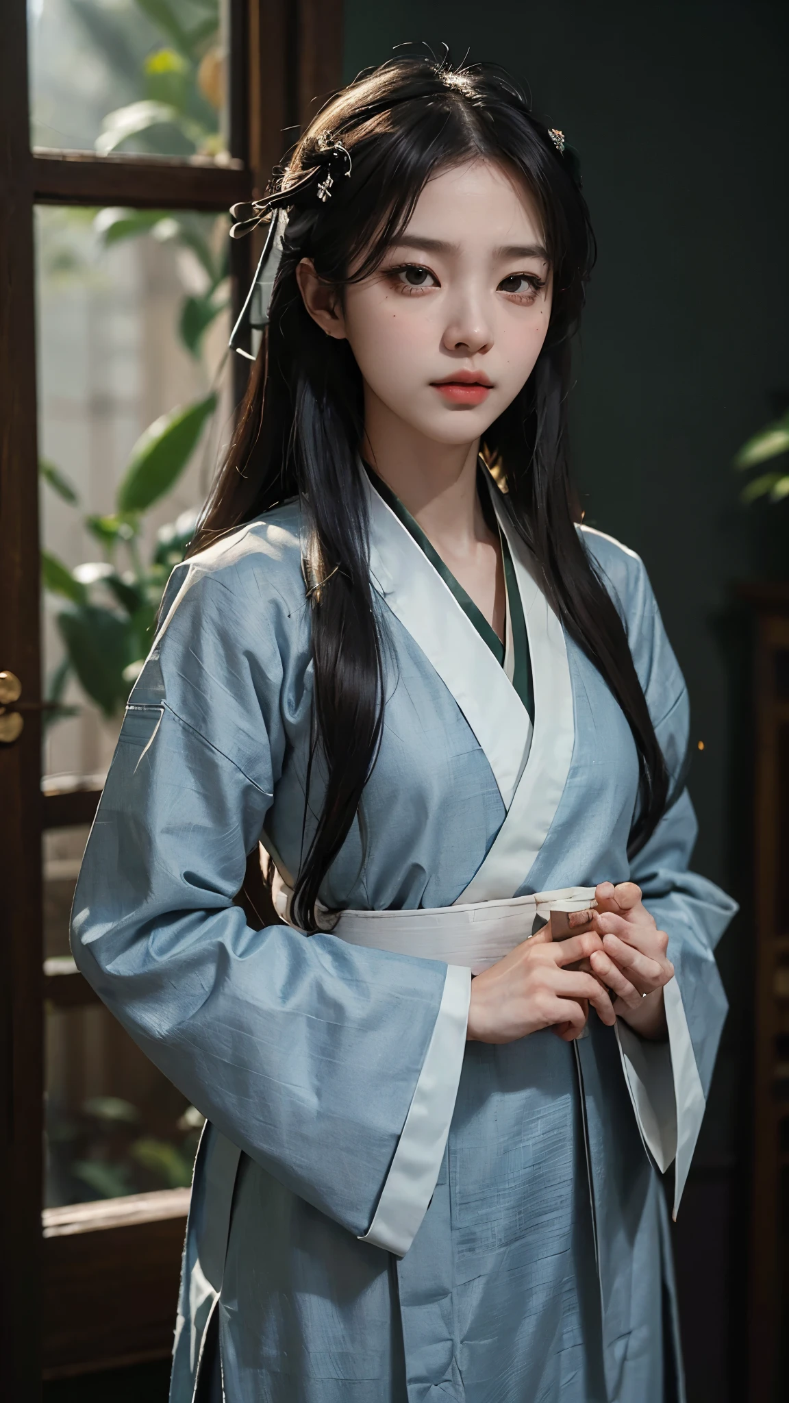 (Fidelity: 1.4), ((Black Hanfu)), Big Sleeves, Small Rings, Kan Tashi, Mole Under Eyes, Denim Lens, Bokeh, Perspective Shortening, Negative Space, Chiaroscuro, Depth of Field, Ray Tracing, Masterpiece, Anatomically Correct, Textured Skin, Best Quality, 8K, Ultra HD, Ccurate