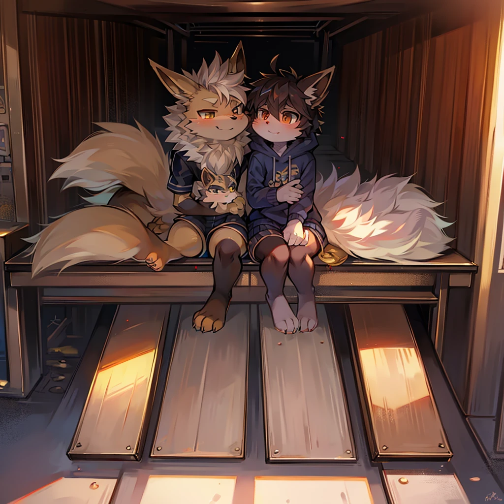 An arcanine giving a smile hugging an eevee and an umbreon, being in a playground