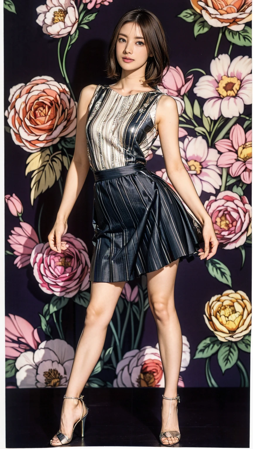 ((masterpiece)),(((Highest quality))),Thin thighs,Long legs,whole body:1.5,(One Girl:1.3),(Black high heels:1.3),(Wearing a floral striped mid-long flared skirt dress:1.2),Short blonde hair:1.2、Model pose with legs spread wide:1.5