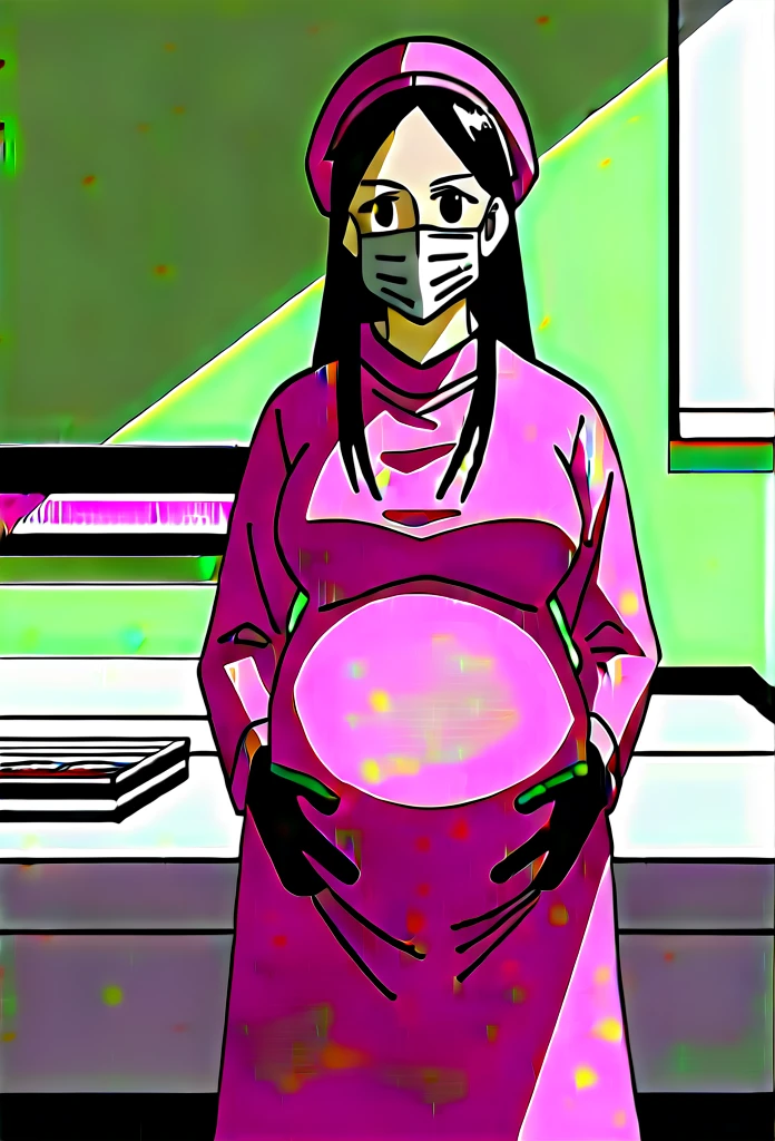 score_9, score_8_up, score_7_up, source_anime, raw image, masterpiece, highest quality, natural light, patient room background, kasuganoray, good shape, pale skin, shy eyes, big breasts, scrubs, surgical mask, surgical cap, long sleeve surgical dress,
1girl, pregnant, solo, long rubber gloves, looking down, furrowed brow, hospital bed, standing