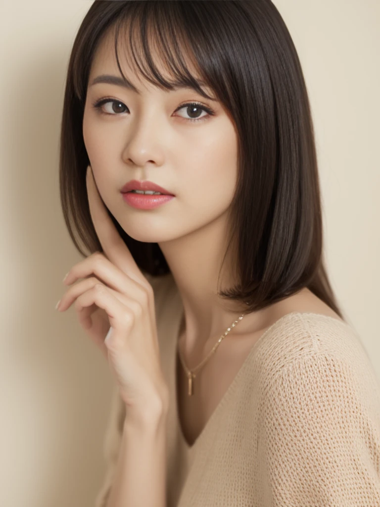((Tabletop,Highest quality)), (Like the picture:1.4),(((Tabletop,8K)),White wall,(White Room),((Full body photo))),Photographed in natural light,Highly detailed face and skin texture,Highly detailed lips,The correct state of the human body,Ultra-high resolution,(Photorealistic:1.4),Highest quality, One beautiful woman, 38 years old, s, 60mm lens, light beige knit,(Medium Hair),Japanese women,(Black Hair),Various poses,Looking into the camera,Natural lip color, necklace