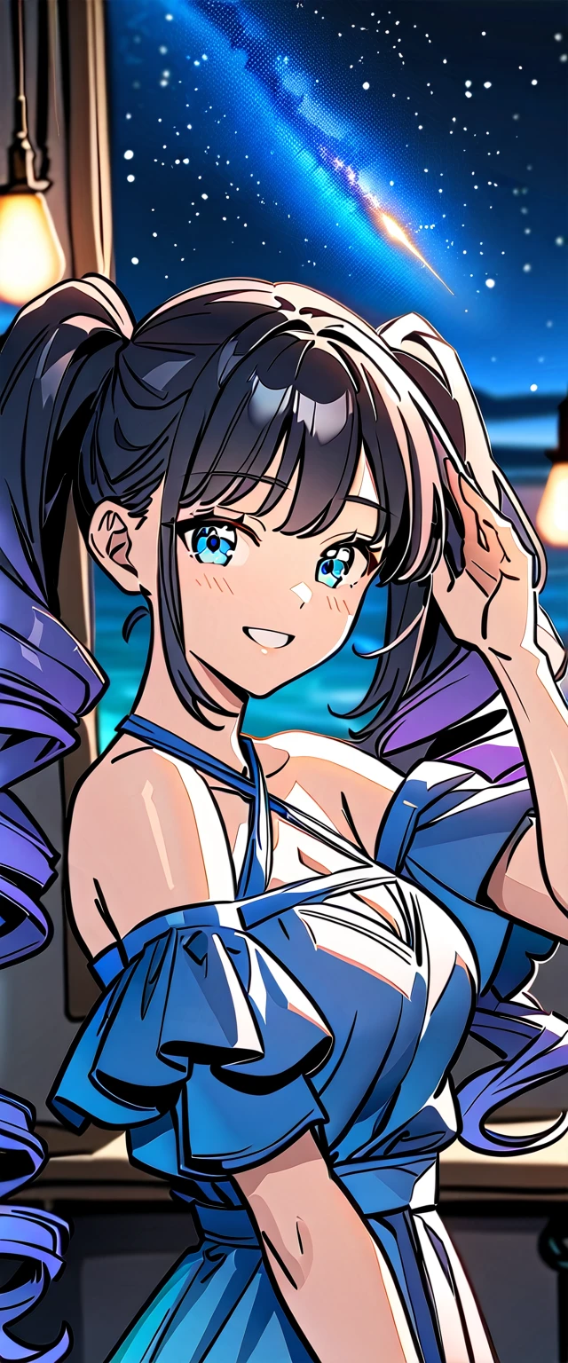 ((grin)), jumping, Eyeshadow, False eyelashes, ((off-shoulder dress:1.3, criss-cross halter)), ((white sundress)), ((cleavage)), ((multicolored hair hair, hair extensions, streak)), ((sunglasses, hand to sunglasses)), (((from side))), ((((upper body)))), bare legs, (()), (((a beautiful starry sky, the Milky Way shining beautifully in the night))), ((on the very high cliff)), wavy hair, inward curled hair, ((sea, nature)), breasts, teenager, (looking at viewer), puffy long sleeves, collarbone, head tilt:1.3, (((blue eyes))), happy smile, (((anime style))), (best quality, 4K, 8K, highres, masterpiece:1.2, ultra-detailed, ultra-detailed eyes, HDR, uhd, studio lighting, ultra-fine painting, sharp focus, physically-based rendering, extreme detail description, professional, vivid colors, bokeh)