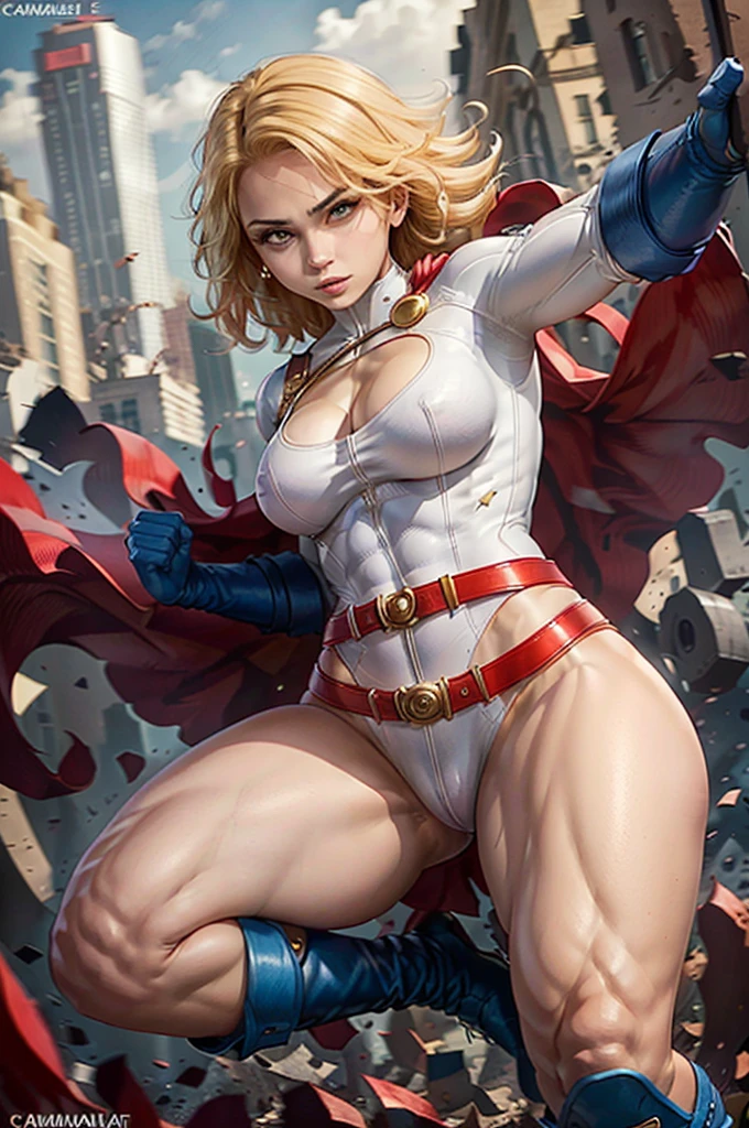 fighting PowerGirl, (cameltoe:1.3), solo, blonde_hair, white leotard, red belt, solo, blue boots, best quality, masterpiece, beautiful, anatomically correct, perfect anatomy.