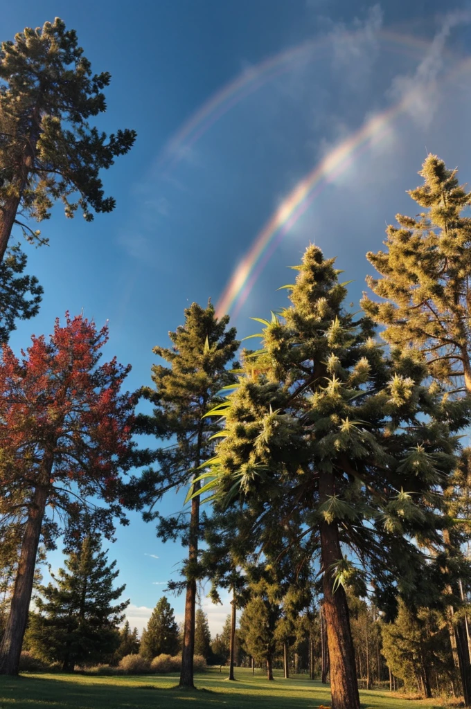  Cannabis bud growing on a thick red tree, the sky shines with rainbow colors, high quality detailed, neon colors