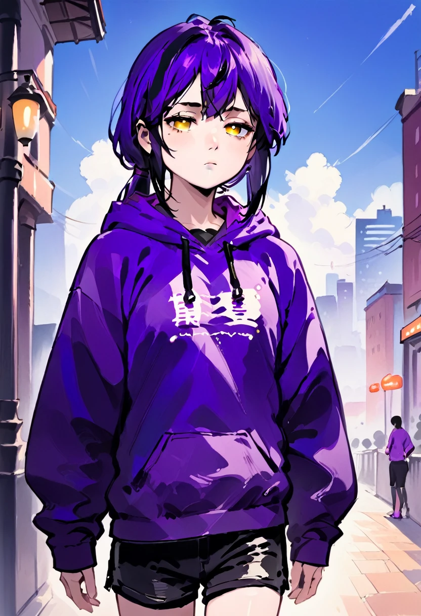 score_9, score_8_up, score_7_up, score_6_up, score_5_up, score_4_up, BREAK source_anime,rating_risky, a girl, thin, pale skin, skinny, tired expression, low ponytail, purple hair, yellow eyes, eye bags, tired expression, purple hoodie,, black shorts, tight clothing, bold comic style, city background, purple clothes with black highlights
