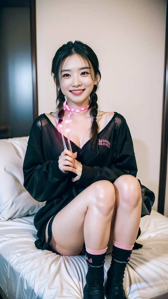 (8K、RAW Photos、Highest quality、masterpiece:1.2)、(Realistic、Realistic)、1 Girl、((pink and black micro bikini、smile、、Knee socks、See through、Twin tail hair、View from the front、Hotel Rooms))Lots of eyelashes、Glowing eyelids、skeletally correct