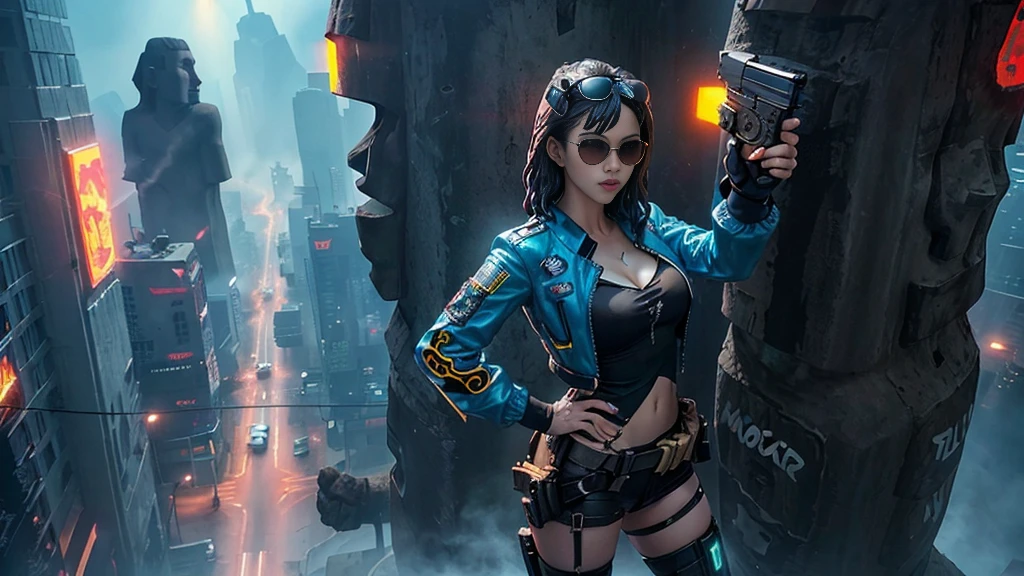 At night, dark sky, aerial view of fantasy cyberpunk style ((Moai-statue)) city, ((flying vehicle)). ((1girl, solo, alone)), photo realistic, medium-breast:1.1 slim body, cleavage, sexy clothes, (black sunglasses), (((hip-up standing and pistol aiming pose))), half-body thigh level medium shot, cinematic lighting.