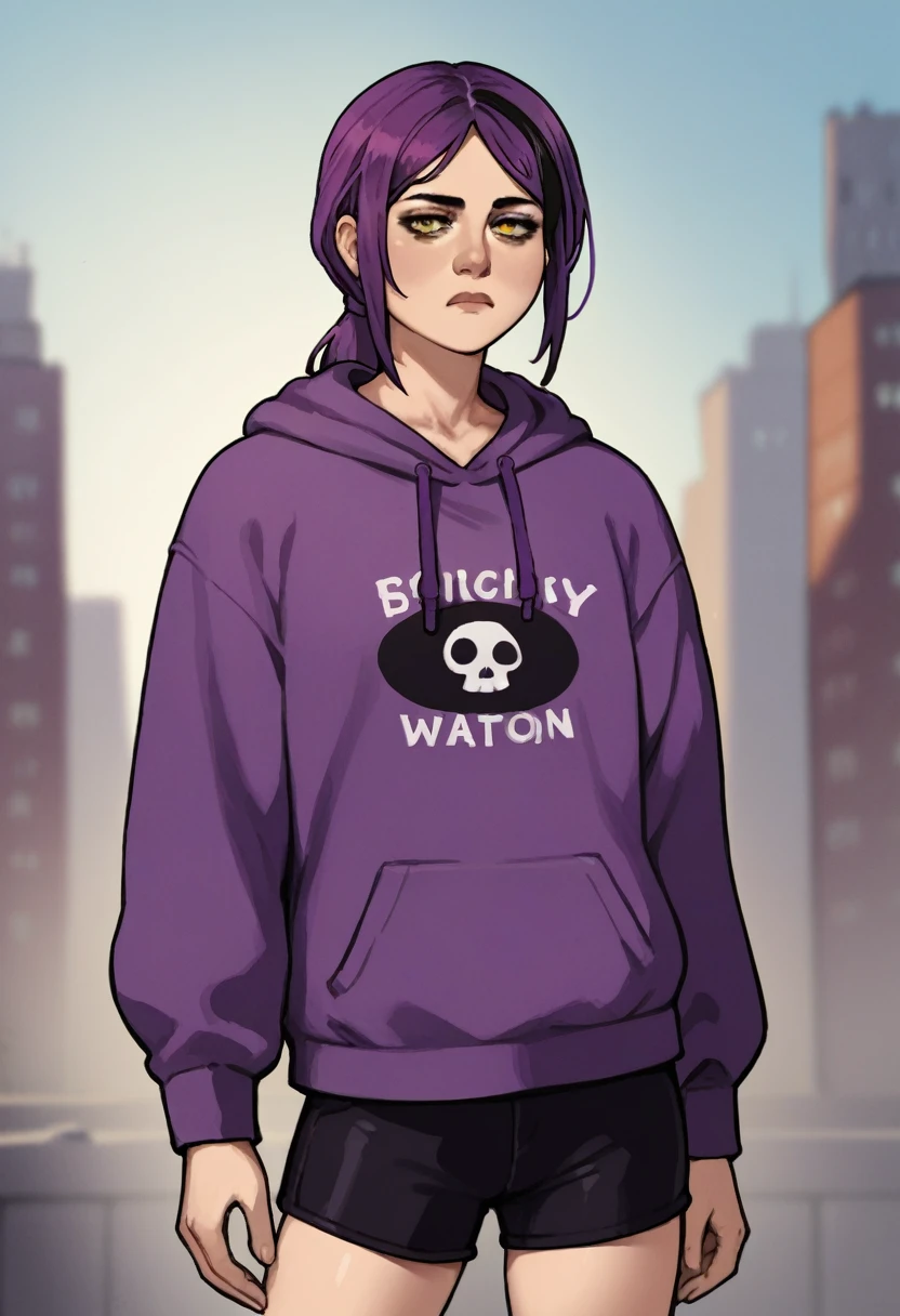 score_9, score_8_up, score_7_up, score_6_up, score_5_up, score_4_up, BREAK source_anime,rating_risky, a girl, thin, pale skin, skinny, tired expression, low ponytail, purple hair, yellow eyes, eye bags, tired expression, purple hoodie,, black shorts, tight clothing, bold comic style, city background, purple clothes with black highlights