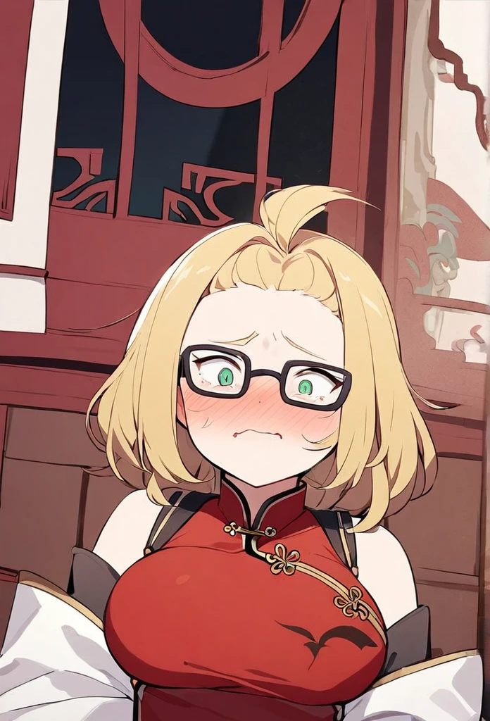 chubby girl, Blonde with green eyes, medium length hair, open forehead, no bangs, black glasses with square frames Chinese clothing style, Ancient China
Red face, embarrassment