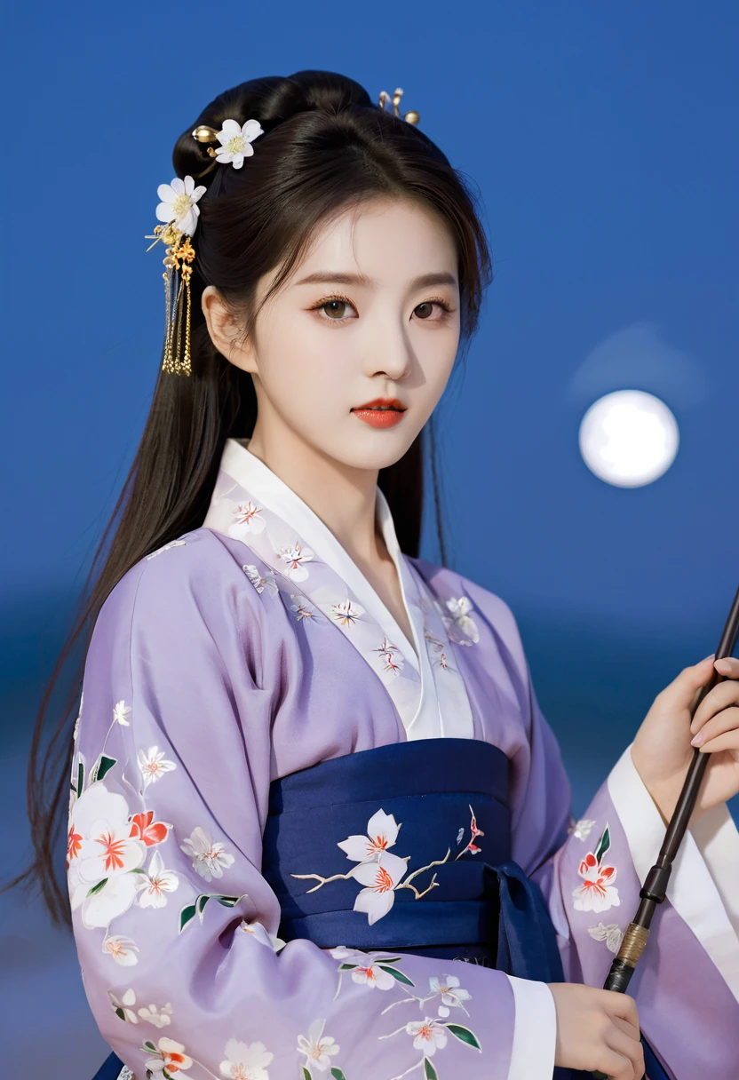 best quality, High target_solve, clearly_image, Detailed background ,girl, Hanbok,flower,flower园,moon, night,
