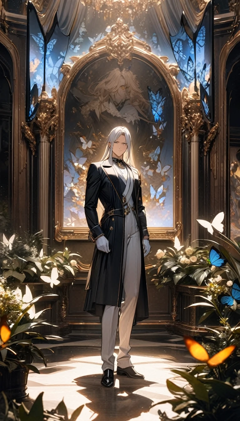 (masterpiece:1.5),best quality,(1 Handsome man),alone,white long length hair,(yellow eyes), (A soft smile),elegant,perfect face,Long black trench coat,white and blue cloth,white leather gloves,white lining,Slightly muscular body,High,8K,Beautiful contrast of light and shadow,Dark luxury background,(complete upper body),Positive face,luxury screen,(Luxurious castle hall),Living room,book,plant,((many butterflies)),Museum,many flowers,(cross jewelry)
